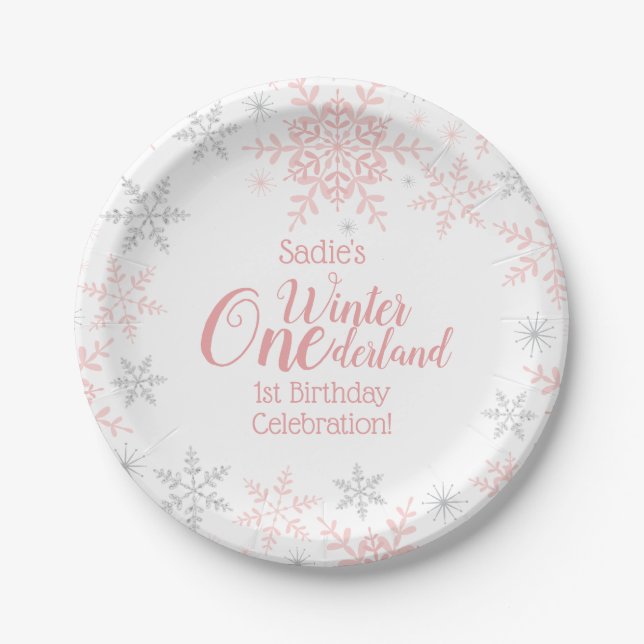 Plato De Papel Winter Wonderland Primer cumpleaños copos de nieve (Anverso)