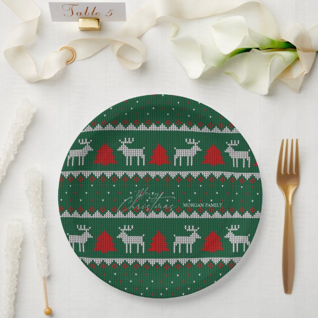 Plato De Papel Winter Wonderland,Reindeer Pine Tree Green (Boda)