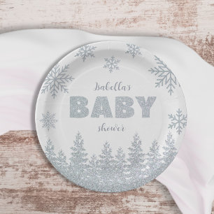 Plato De Papel Winter Wonderland Silver Purpurina Baby Shower