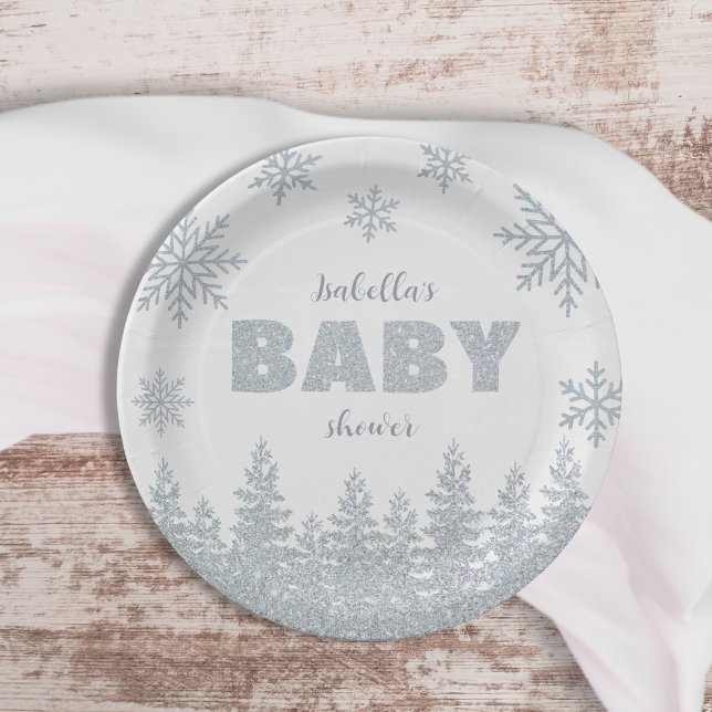 Plato De Papel Winter Wonderland Silver Purpurina Baby Shower (Winter Wonderland Silver Glitter Baby Shower Paper Plates)