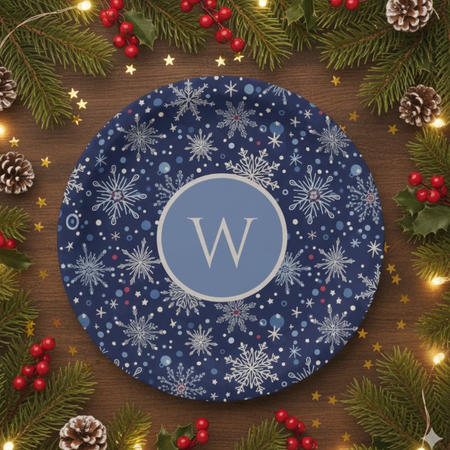 Plato De Papel Winter Wonderland Snowflake (Snowflake Holiday initial paper plates)