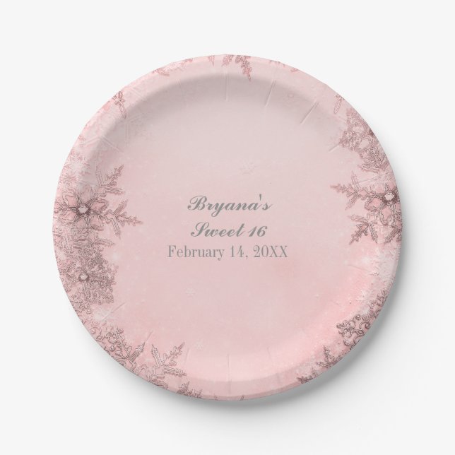 Plato De Papel Winter Wonderland Snowflakes Fiesta Elegante Rosa (Anverso)