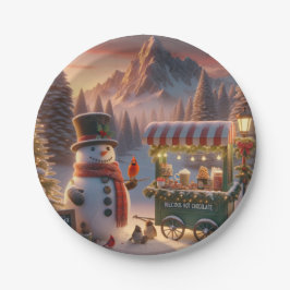 Plato De Papel Winter Wonderland Snowman's Hot Chocolate Cart