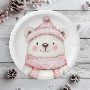 Plato De Papel Winter Wonderland White Bear Pink