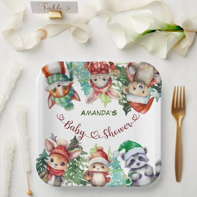 Plato De Papel Winter Woodland Animals Baby Shower (Boda)