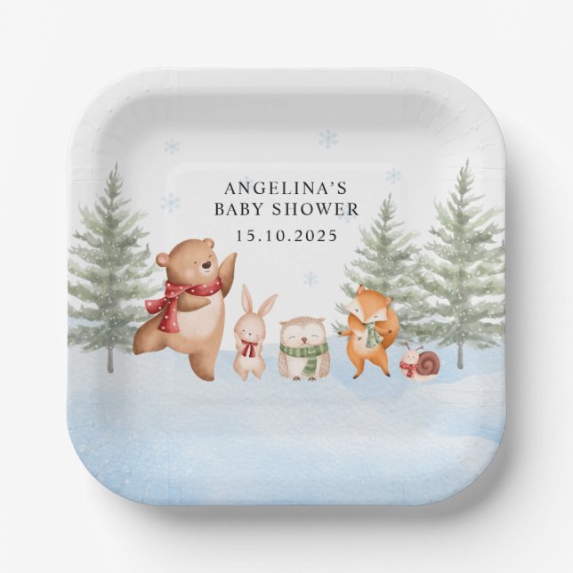 Plato De Papel Winter Woodland Animals Baby Shower (Anverso)