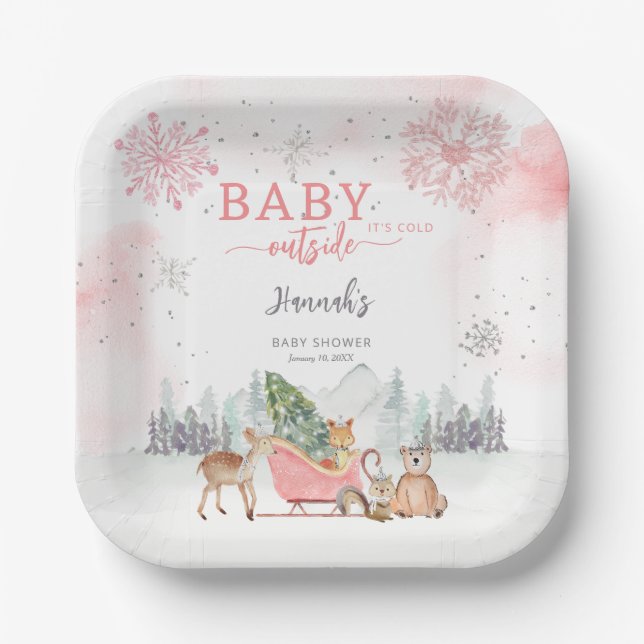 Plato De Papel Winter Woodland Baby It's Frío fuera de Baby Showe (Anverso)
