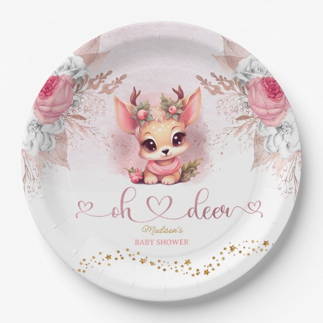 Plato De Papel Winter Woodland Chica Baby Shower (Anverso)