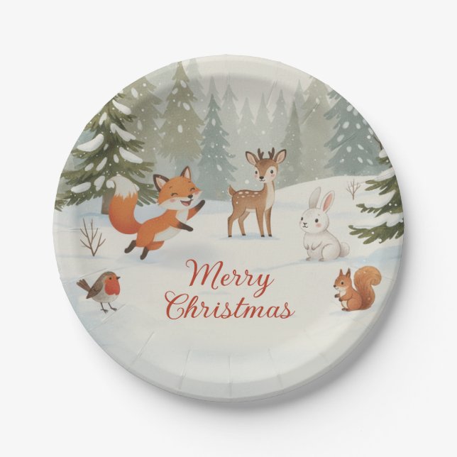Plato De Papel Winter Woodland Merry Christmas Forest Animals (Anverso)