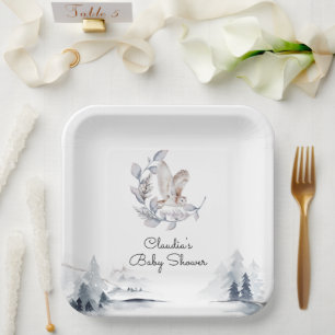 Plato De Papel Winter Woodland Owl Baby Shower con escritura mode