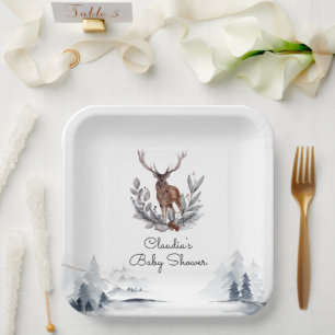 Plato De Papel Winter Woodland Stag Baby Shower de escritura mode