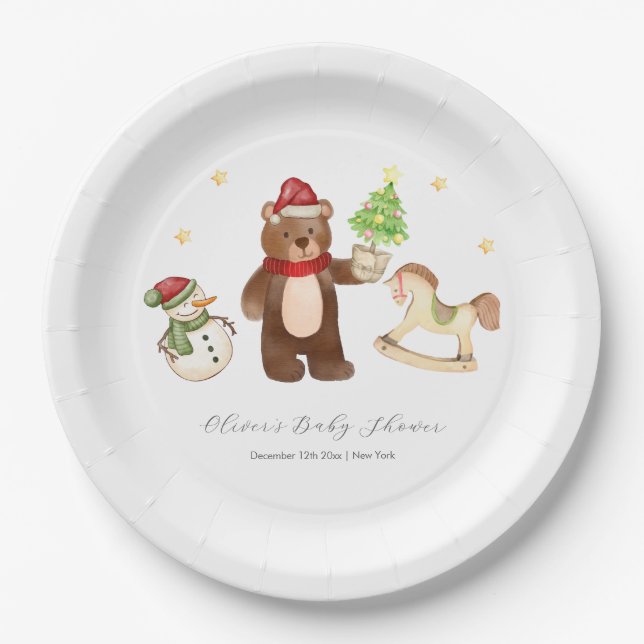 Plato De Papel Winter Woodland Teddy Bear Snowman Baby Shower (Anverso)