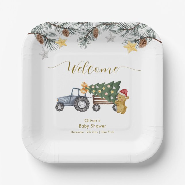Plato De Papel Winter X'mas Tree Tractor Bear Baby Shower Welcome (Anverso)