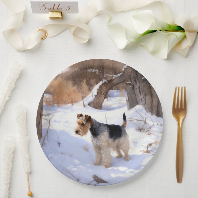 Plato De Papel Wire Fox Terrier Deja Que Nieva Navidades (Boda)