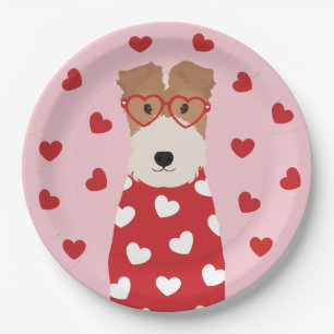 Plato De Papel Wire Fox Terrier Dog Glasses Heart Pink Red