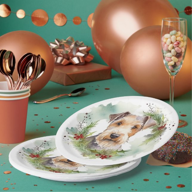 Plato De Papel Wirefox Terrier Navidades Wreath Festive Pup (Multi)