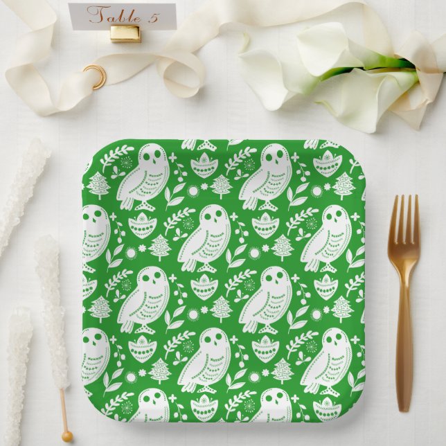 Plato De Papel Wise Owl Folk Art Green Holiday (Boda)