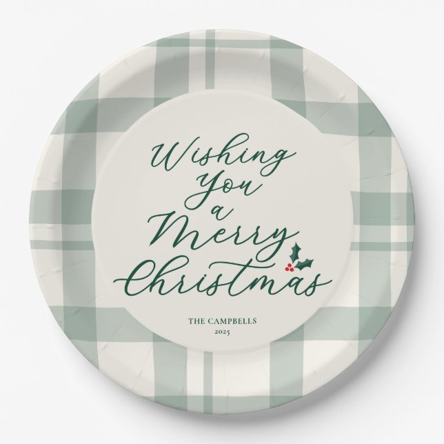 Plato De Papel Wishing You a Merry Christmas Plaid (Anverso)
