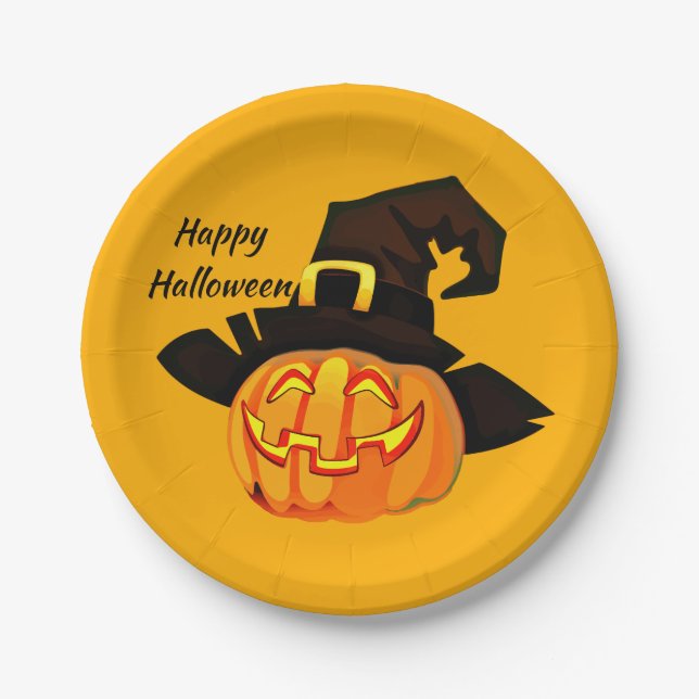 Plato De Papel Witch Jack O'Lantern Fiesta feliz de Halloween (Anverso)