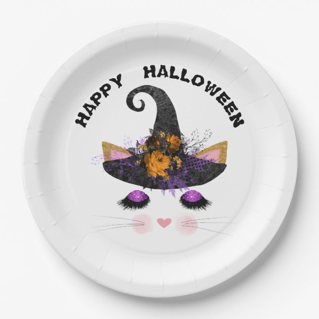 Plato De Papel Witch Kitty Face Halloween (Anverso)