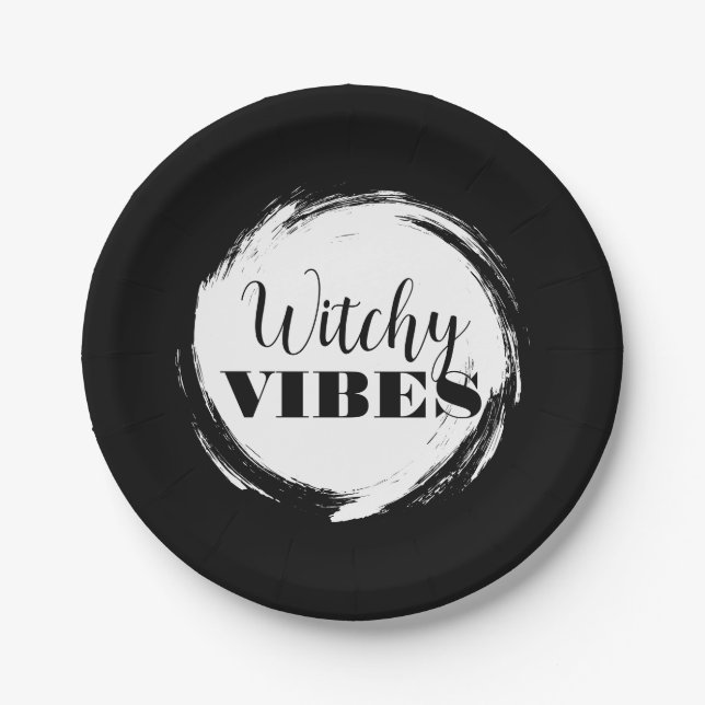Plato De Papel Witchy Halloween Party Black and White (Anverso)