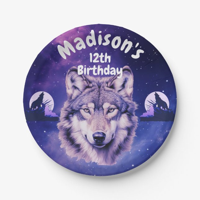 Plato De Papel Wolf Galaxy Stars Cosmic Birday Party (Anverso)