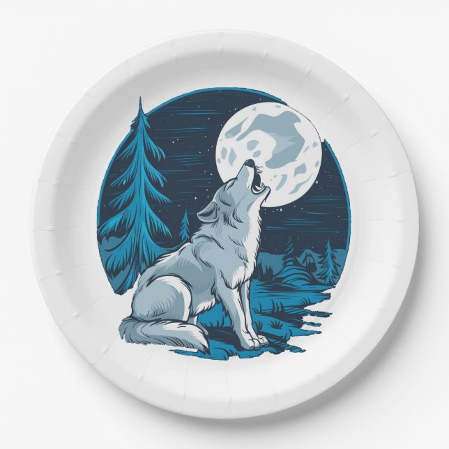 Plato De Papel Wolf gritando en la luna (Anverso)