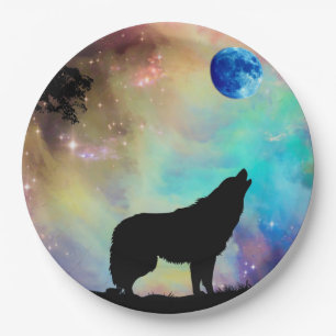 Plato De Papel Wolf Howling en Moon Galaxy Stars Animal