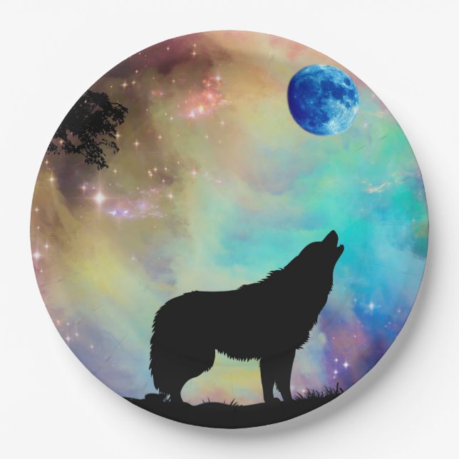 Plato De Papel Wolf Howling en Moon Galaxy Stars Animal (Anverso)