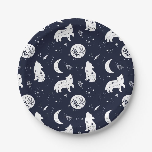 Plato De Papel Wolf Pup Howling en la Luna (Anverso)