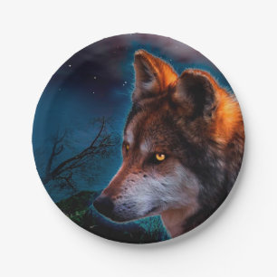 Plato De Papel Wolf y la luna a media noche