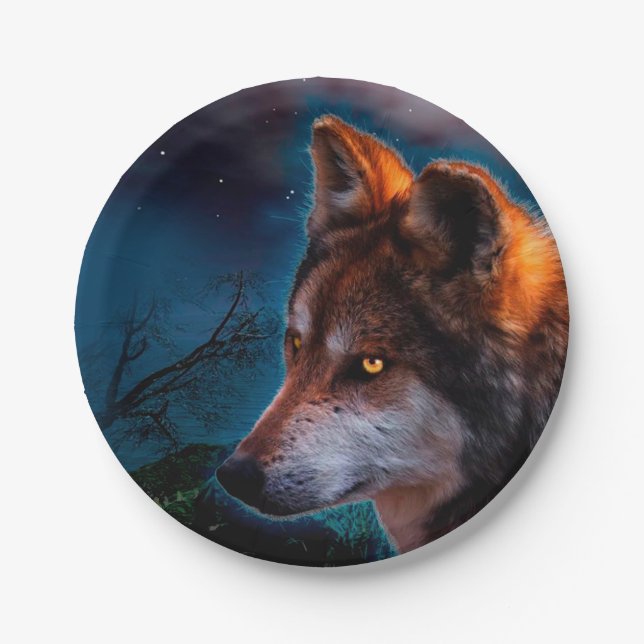 Plato De Papel Wolf y la luna a media noche (Anverso)