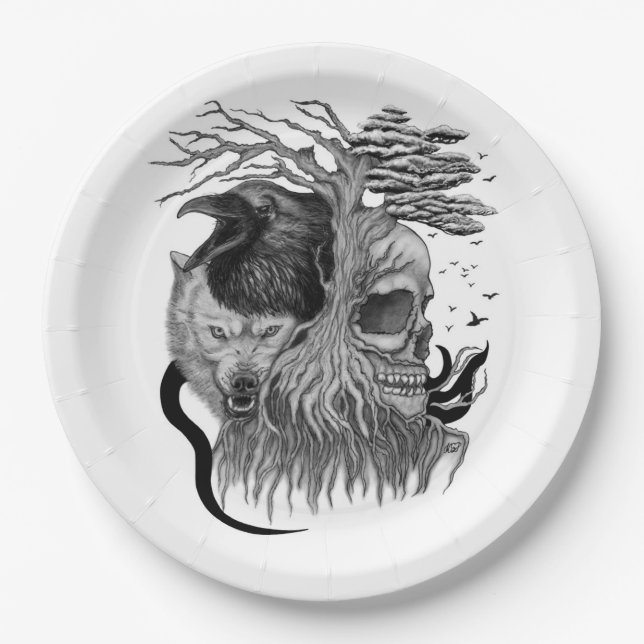 Plato De Papel Wolf y Raven con el cráneo (Anverso)