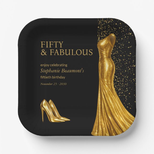 Plato De Papel Woman Elegant Fabulous Golden Dress 50th Birthday (Anverso)