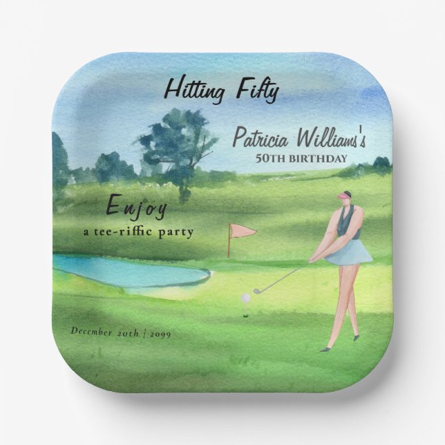 Plato De Papel Woman Golf Player Hitting Fifty 50th Birthday (Anverso)