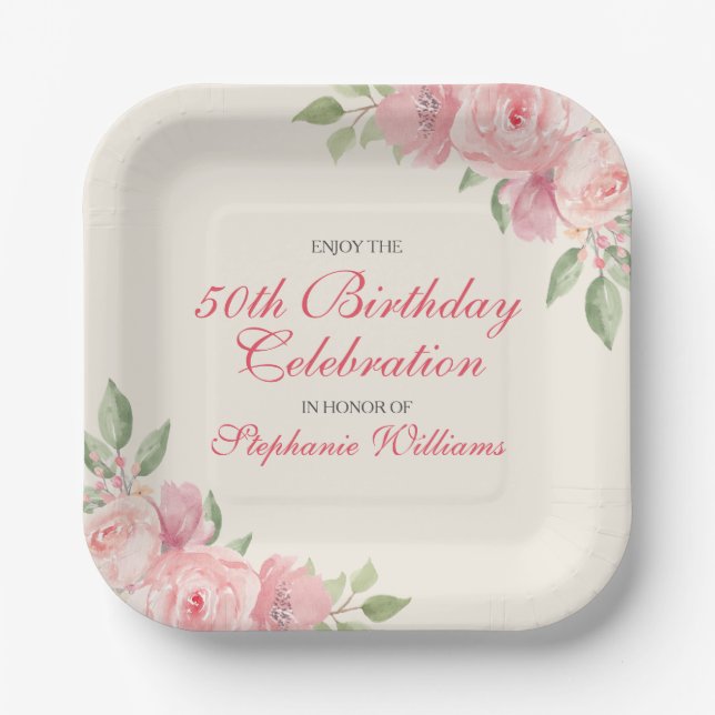 Plato De Papel Women's Floral Elegant Rose 50th Birthday Party (Anverso)