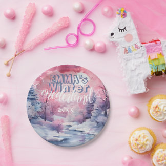 Plato De Papel Wonderland de invierno rosa
