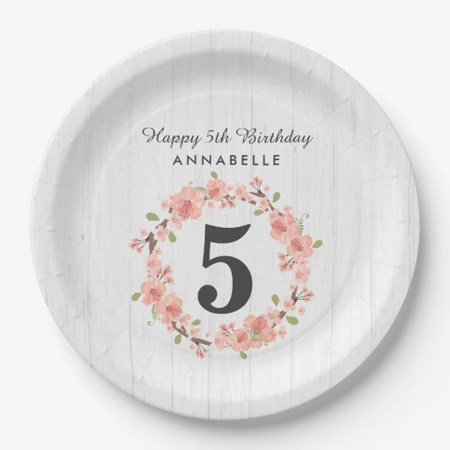 Plato De Papel Wood blanca y Peach Floral Wreath feliz cumpleaños (Anverso)