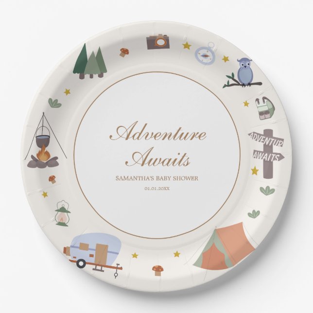 Plato De Papel Woodland Adventure espera el camping Baby Shower (Anverso)