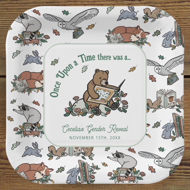 Plato De Papel Woodland alguna vez, revelación de género (Woodland Storybook Baby Shower Gender Reveal Paper Plates)