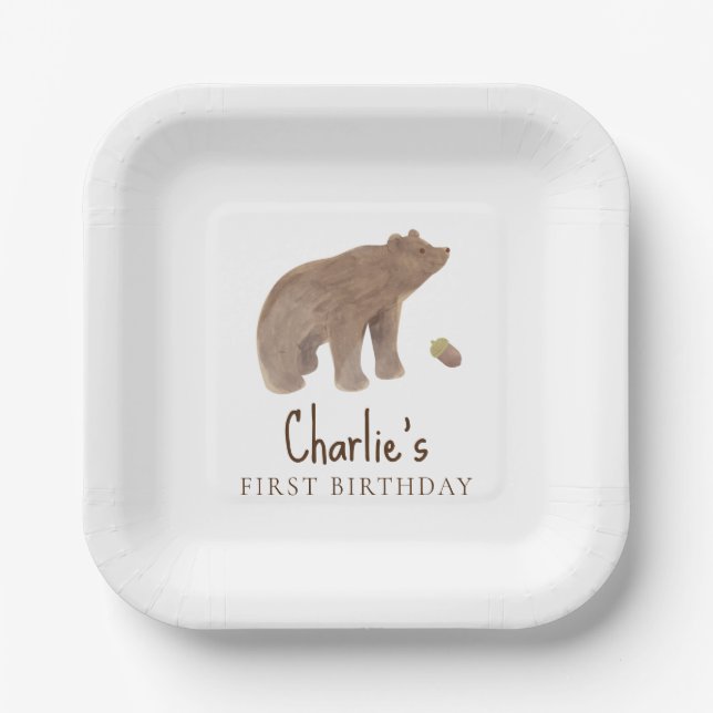 Plato De Papel Woodland Animal 1st Birthday Party (Anverso)