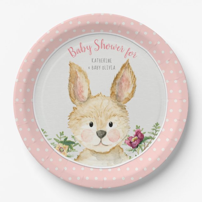 Plato De Papel Woodland Animal Boho Bunny Rabbit Pink Baby Shower (Anverso)