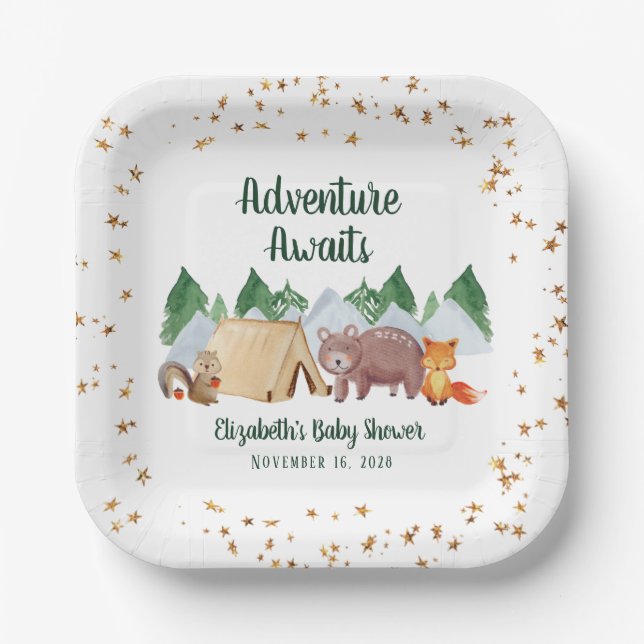 Plato De Papel Woodland Animals Adventure espera Baby Shower (Anverso)
