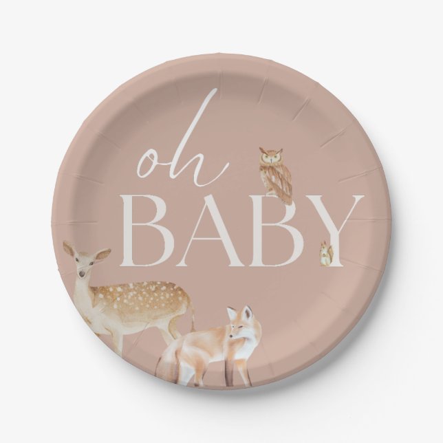 Plato De Papel Woodland Animals Baby Shower, Baby Boy, Baby Girl (Anverso)