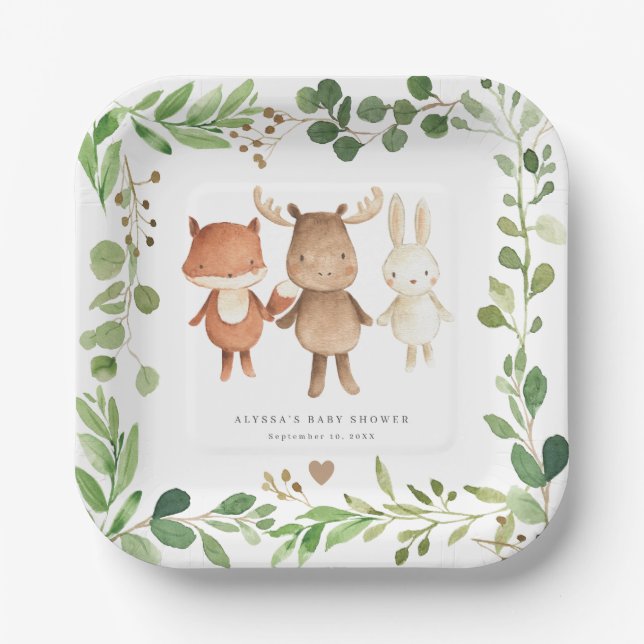 Plato De Papel Woodland Animals Baby Shower Paper Plates (Anverso)