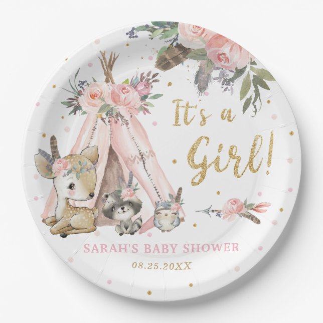 Plato De Papel Woodland Animals Boho Chica Tribal Baby Shower  (Anverso)