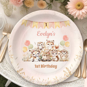 Plato De Papel Woodland Animals Boho Pastel Chica Primer cumpleañ