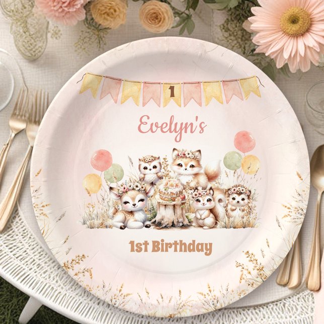 Plato De Papel Woodland Animals Boho Pastel Chica Primer cumpleañ (Woodland Animals Boho Pastel Girl 1st Birthday Paper Plates)