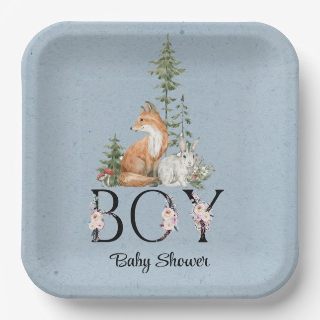 Plato De Papel Woodland Animals Boy Baby Shower (Anverso)