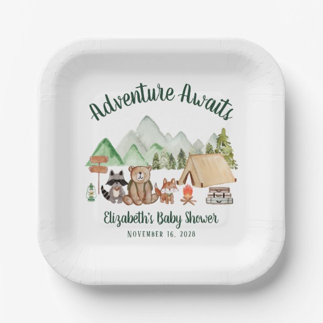 Plato De Papel Woodland Animals Camping Adventure Baby Shower (Anverso)